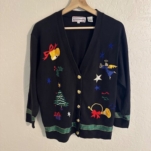 Westbound Sweaters - Y Westbound Black Vintage Embroidered Cotton Grandma Angel Christmas Sweater